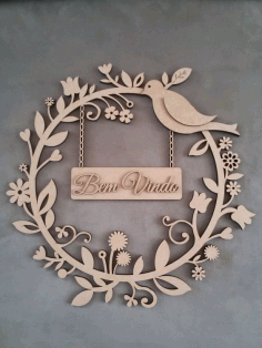 Car Decorative Plywood Wreath Bird Flowers Laser Cut Free CDR File