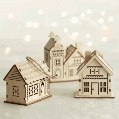 Laser Cut New Year’s Houses, Wooden Doll House CDR, DXF and Ai Vector File