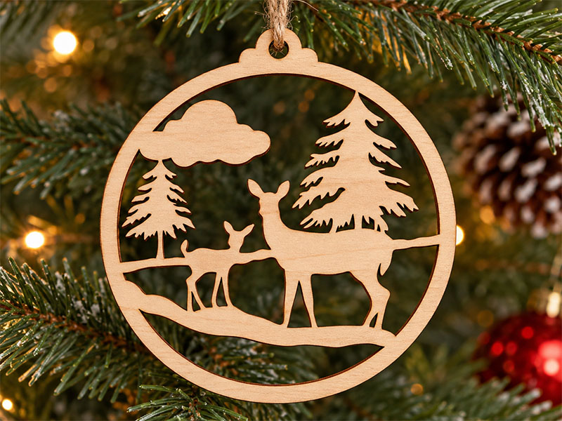 Laser Cut Woodland Deer Family Christmas Ornament Decoration