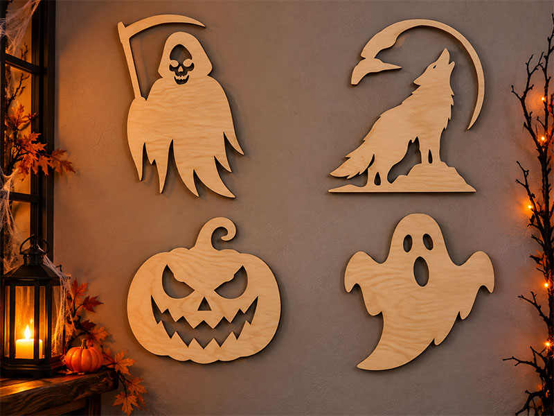 Laser Cut Halloween Decor Plywood Grim Reaper Wolf Pumpkin and Ghost Set