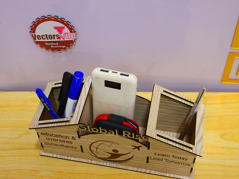 Laser Cut Dual Pen Holder and Storage Compartment Desk Organizer