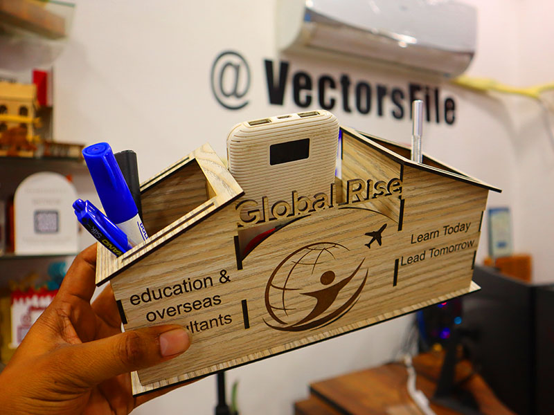 Laser Cut Dual Pen Holder and Storage Compartment Desk Organizer