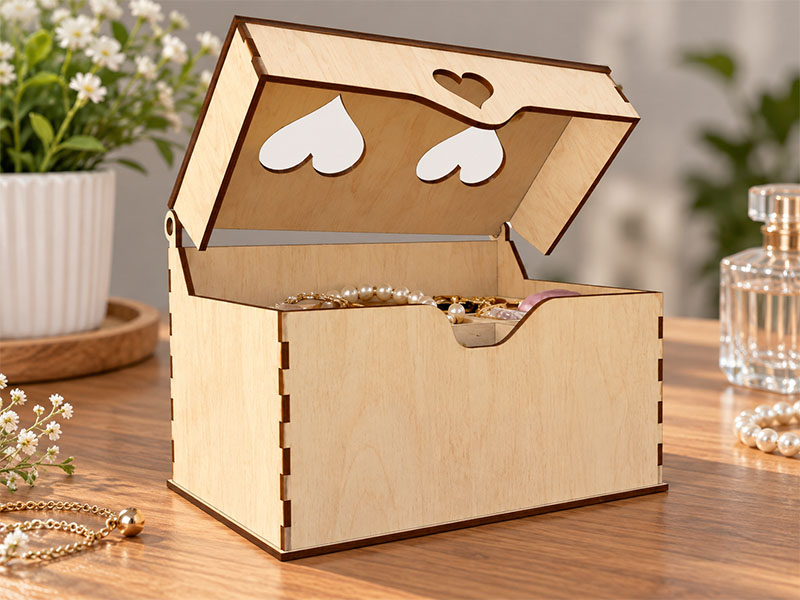 Laser Cut Jewelry Box with Heart Cutout Lid Wooden Jewelry Organizer