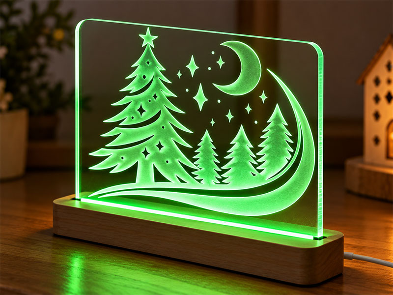 Laser Cut 3D Illusion Lamp Christmas Forest Moon and Stars Design