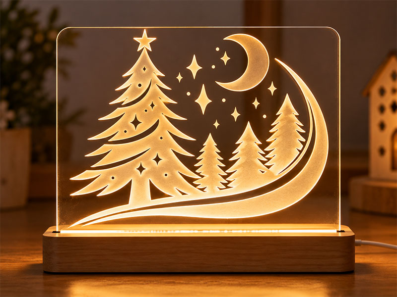 Laser Cut 3D Illusion Lamp Christmas Forest Moon and Stars Design
