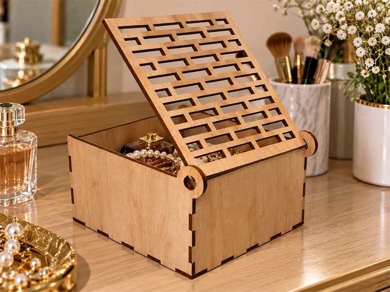 Laser Cut Wooden Jewelry Box with Decorative Pattern Lid