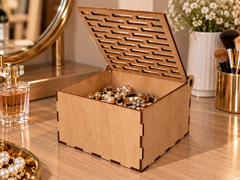 Laser Cut Wooden Jewelry Box with Decorative Pattern Lid