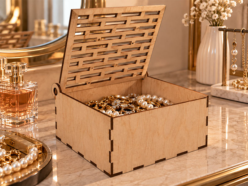 Laser Cut Wooden Jewelry Box with Decorative Pattern Lid