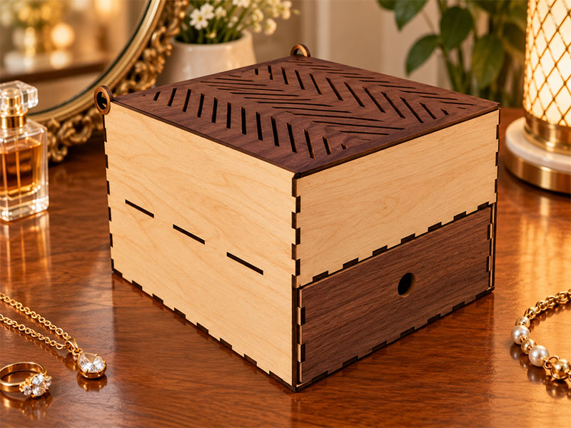 Laser Cut Wooden Two Tier Jewelry Box with Drawer Design
