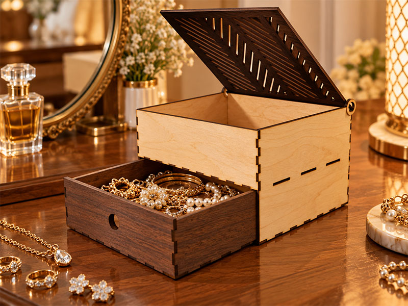 Laser Cut Wooden Two Tier Jewelry Box with Drawer Design