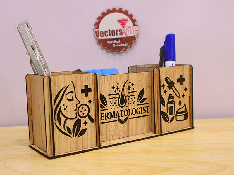 Laser Cut Wooden Dermatologist Pen Holder Desk Organizer