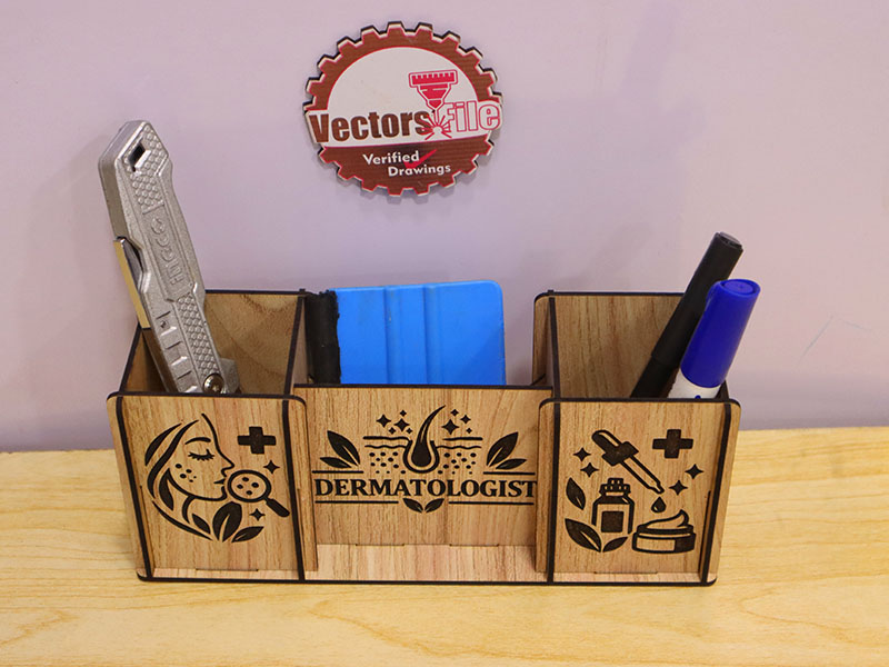 Laser Cut Wooden Dermatologist Pen Holder Desk Organizer