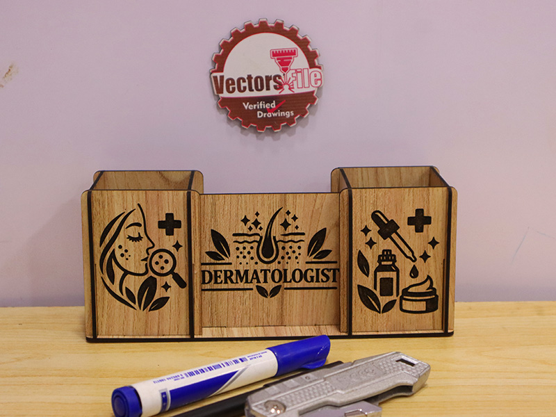 Laser Cut Wooden Dermatologist Pen Holder Desk Organizer
