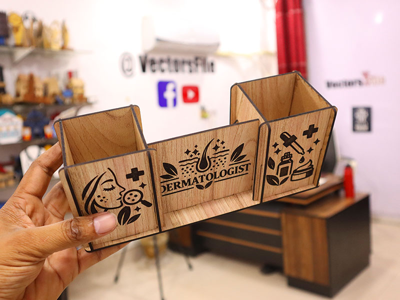 Laser Cut Wooden Dermatologist Pen Holder Desk Organizer