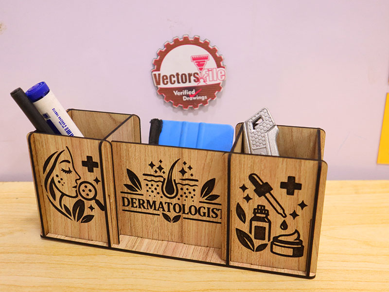 Laser Cut Wooden Dermatologist Pen Holder Desk Organizer