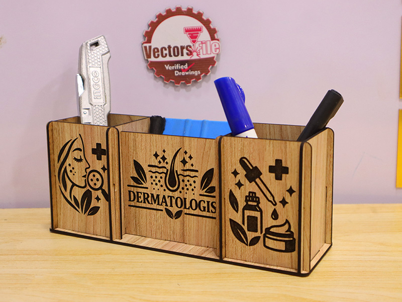 Laser Cut Wooden Dermatologist Pen Holder Desk Organizer