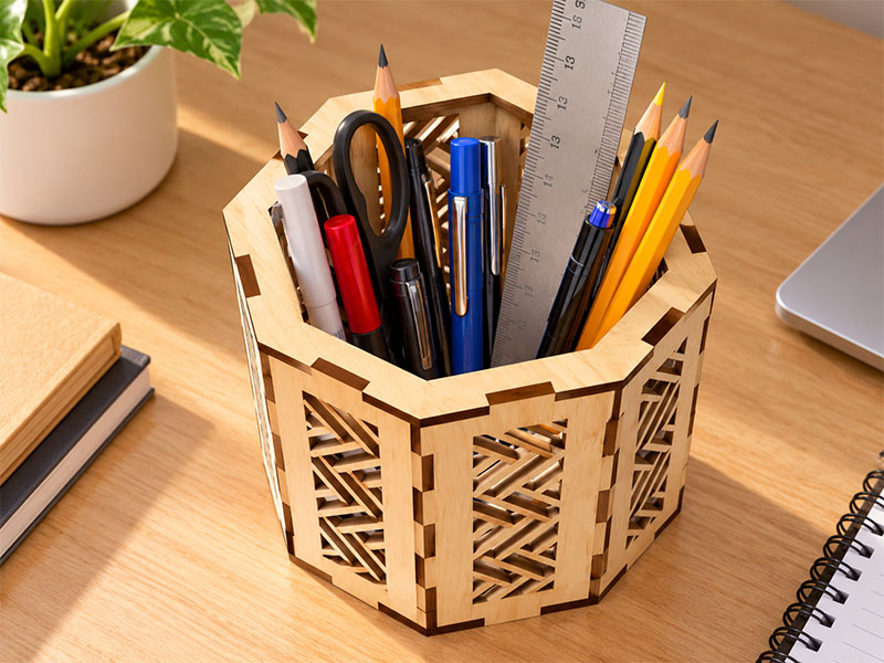 Laser Cut Wooden Hexagonal Shape Pencil and Pen Holder