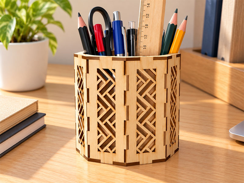 Laser Cut Wooden Hexagonal Shape Pencil and Pen Holder
