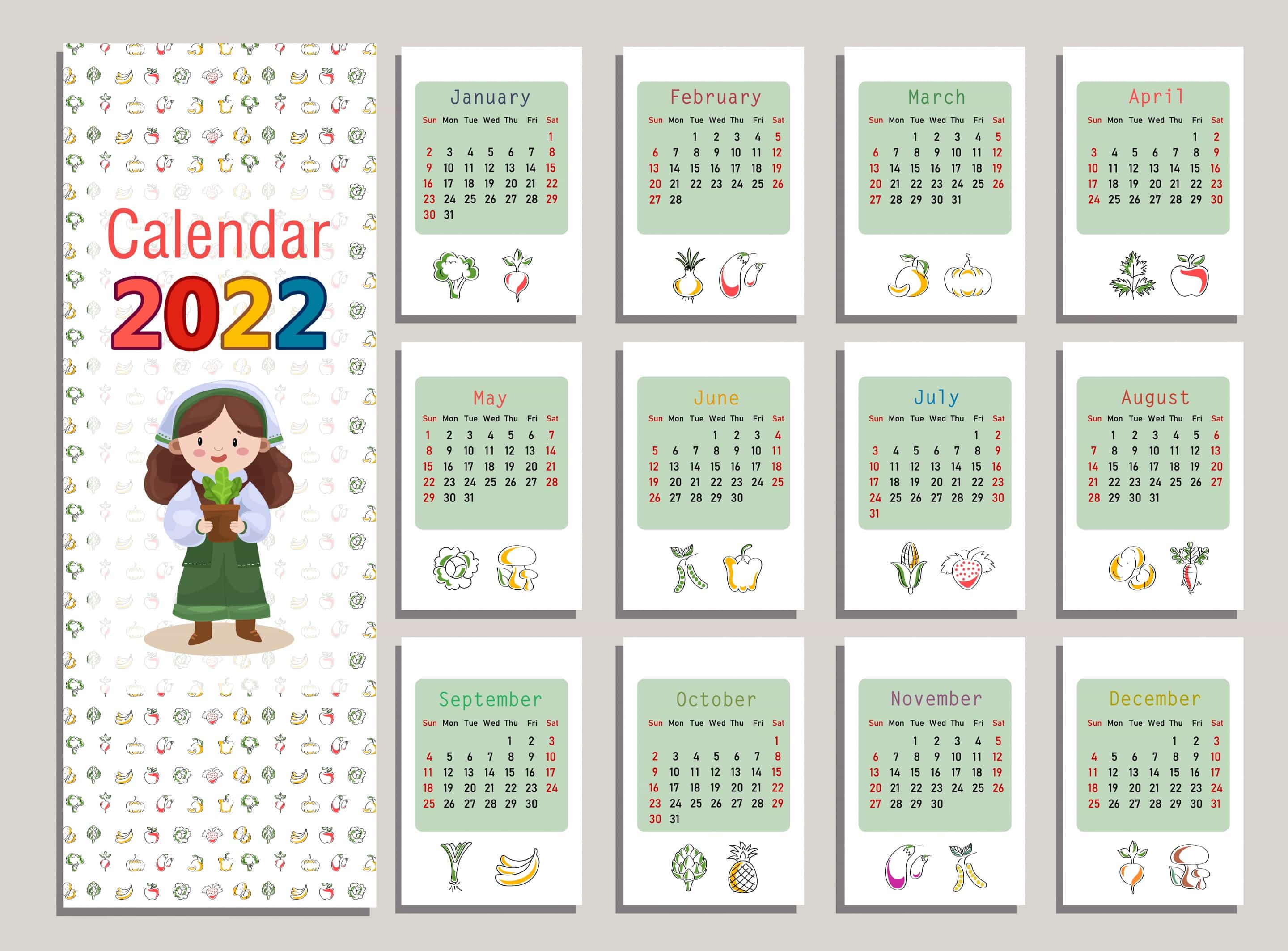 2022 Calendar Template Bright Colorful Decor Food Elements Vector File