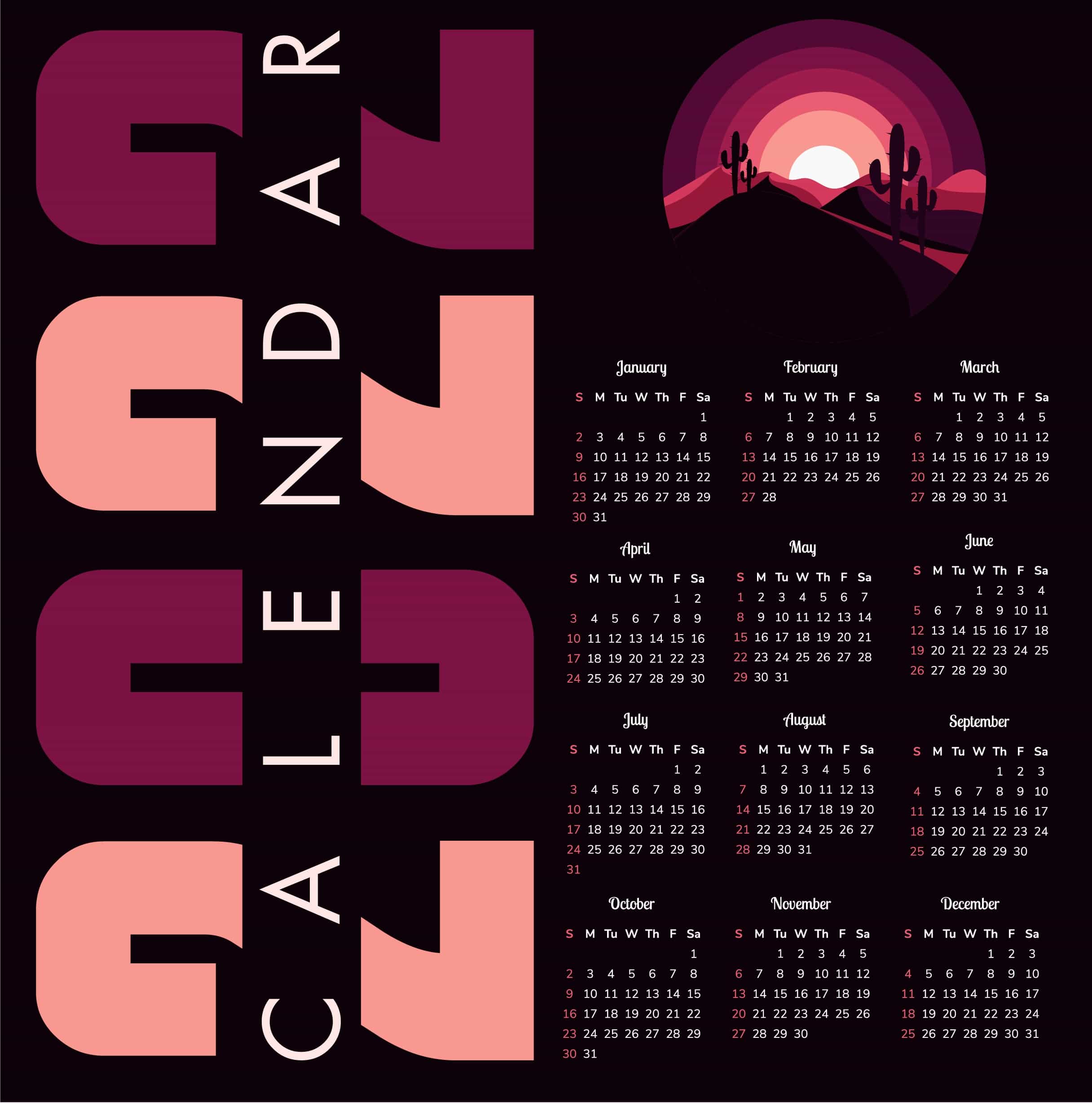2022 Calendar Template Design Bright Colorful Decor Food Elements Vector File