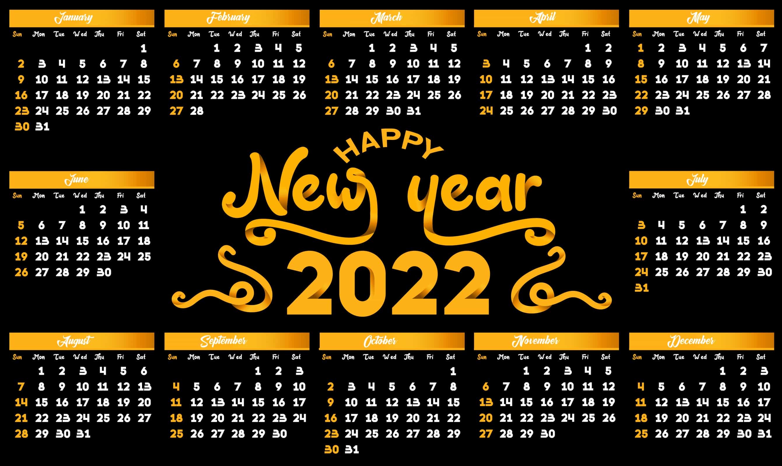 2022 Calendar Template Elegant Dark Black Yellow Decor