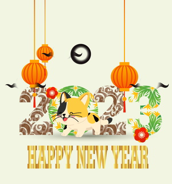 2023 Happy New Year with Kitty Free Vector