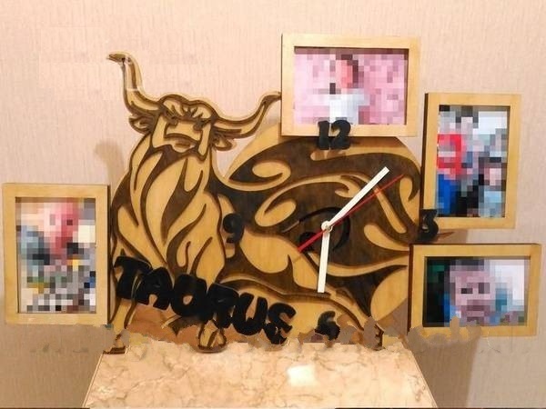 Laser Cut Wooden Animal Wall Clock with Photo Frame CDR File