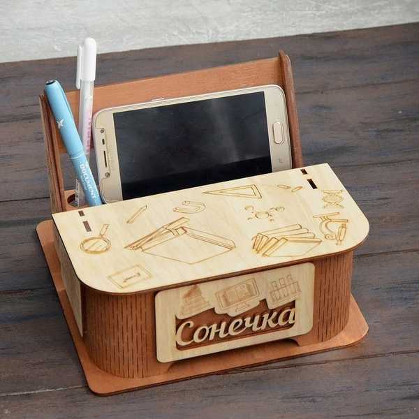 Laser Cut Wooden Office Desk Organizer Pencil Holder with Mobile Stand CDR File