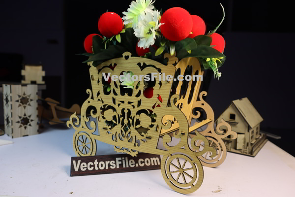 Laser Cut MDF Flower Buggy Basket Flower Holder Free CDR and DXF File