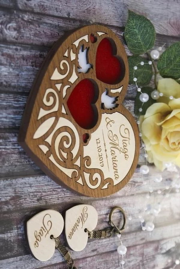 Laser Cut Wooden Wedding Ring Box Heart Gift Box CDR File