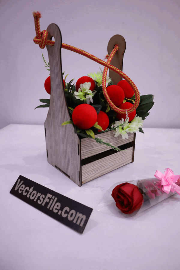 Laser Cut Wooden Flower Basket with Rope Handle Vector File