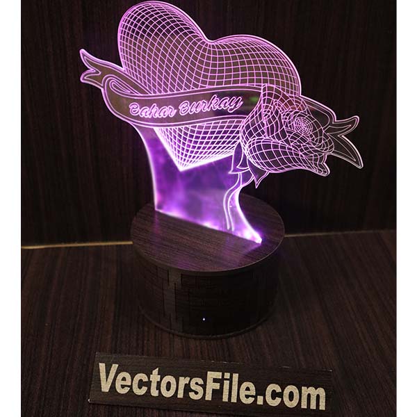 Laser Cut Acrylic 3D Illusion Lamp Heart with Flower 3D Lamp Vector File