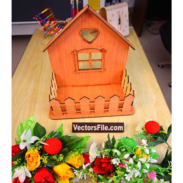 Laser Cut Wooden House Shape Flower Basket Plywood 4mm Vector File
