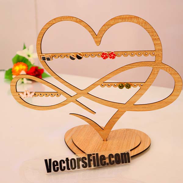 Laser Cut Wooden Heart Shape Earring Stand Jewelry Organizer Vector File