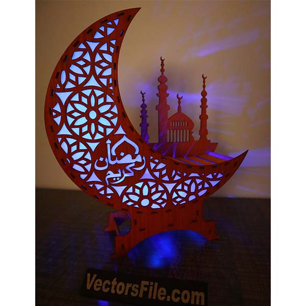 Laser Cut Wooden Ramadan Decoration Night Light Moon Table Lamp CDR and DXF File