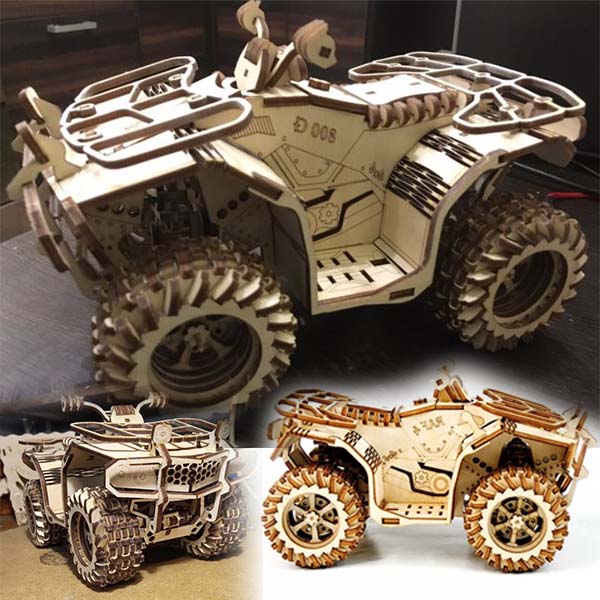 Laser Cut 3D Wooden Puzzle ATV Bike Model Template Vector File for Laser Cutting