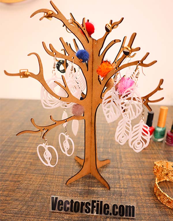 Laser Cut Wooden Earring Tree Jewelry Organizer Tree Earring Stand CDR and DXF File