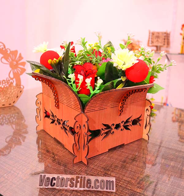 Laser Cut Wooden Flower Basket Gift Basket Hamper Basket DXF and CDR Vector File