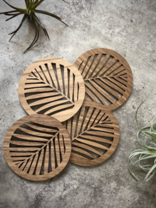 Laser Cut Wooden Circle with Leaves Hot Tea Coaster Layout Free DXF and CDR File