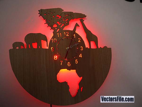 Laser Cut MDF Africa Wall Clock Wildlife Wooden Clock CDR and DXF File