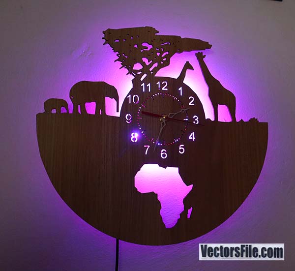 Laser Cut MDF Africa Wall Clock Wildlife Wooden Clock CDR and DXF File
