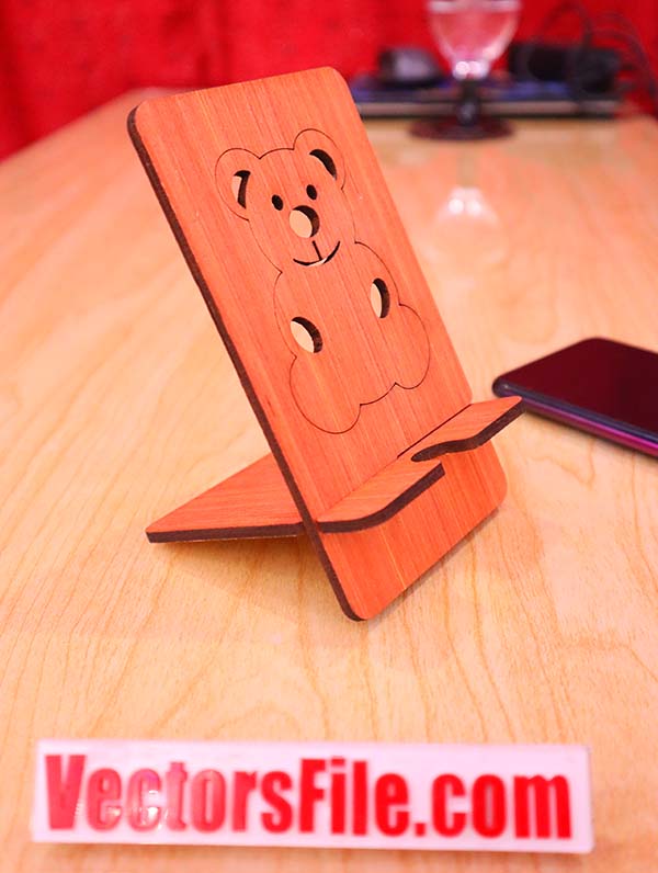 Laser Cut Wooden Cute Teddy Bear Mobile Holder Plywood 4mm Cell Phone Stand Vector File