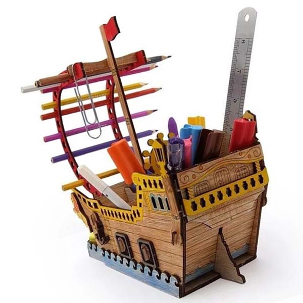 Laser Cut Wooden Ship Pencil Holder Desk Organizer 3D Puzzle for Kids CDR File