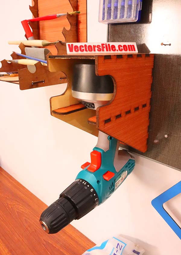 Laser Cut Cordless Drill Holder Wooden Wall Mounted Tools Organizer Vector File
