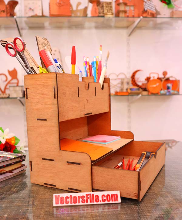 Laser Cut Desk Organizer for Students and Office Pen Pencil Holder Storage Box with Drawer Vector File