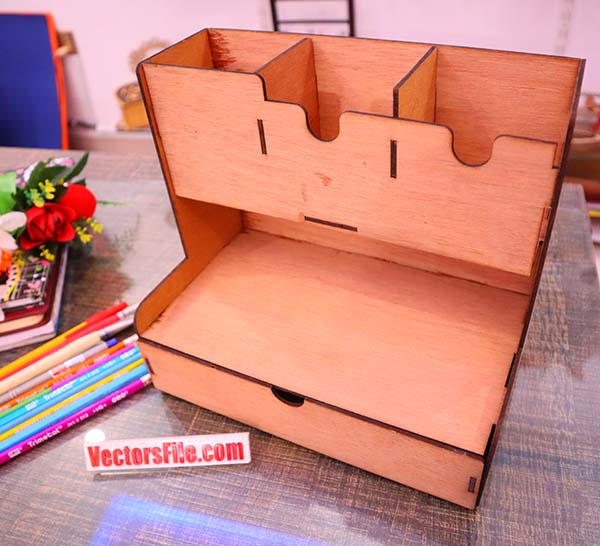Laser Cut Desk Organizer for Students and Office Pen Pencil Holder Storage Box with Drawer Vector File
