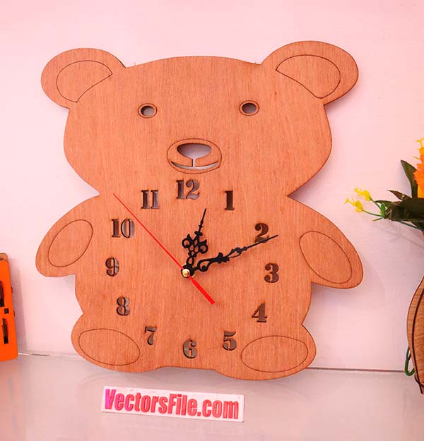 Laser Cut Teddy Bear Wall Clock Wooden Clock Animal Clock CDR an DXF File
