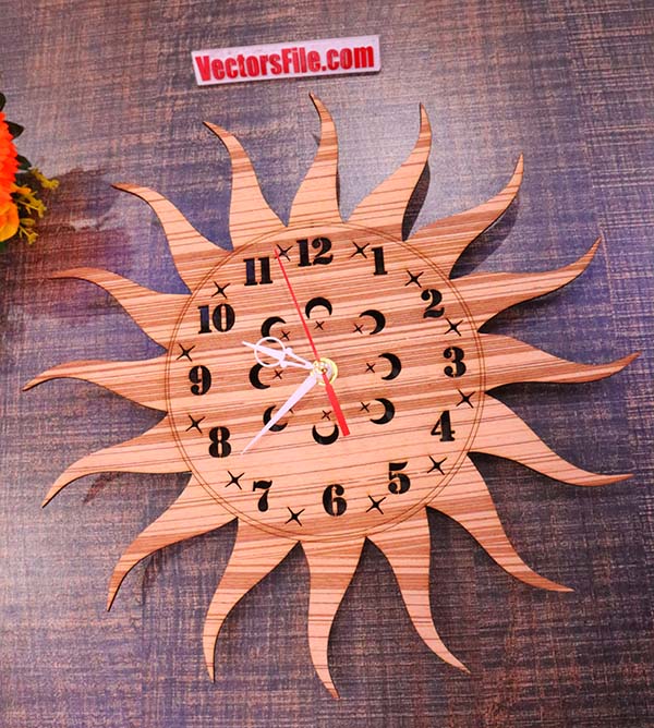 Laser Cut Wooden Sun Shape Wall Clock Wood Clock for Room Decor Vector File
