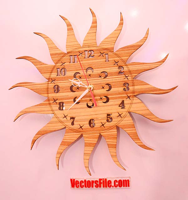 Laser Cut Wooden Sun Shape Wall Clock Wood Clock for Room Decor Vector File