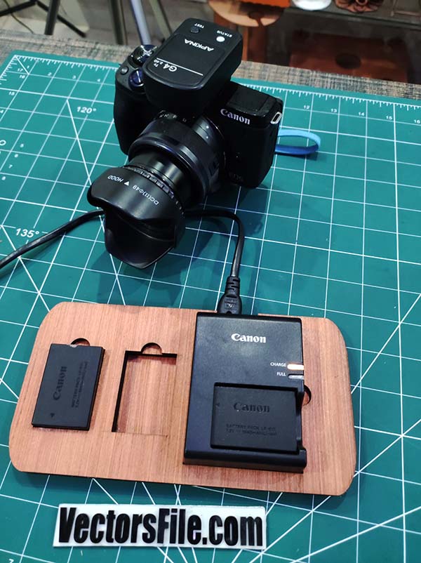 Laser Cut Wooden DSLR Camera Battery Organizer and Charging Stand Vector File